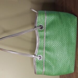 Elaine Turner Raffia and Leather Tote - green/gold metallic - great condition